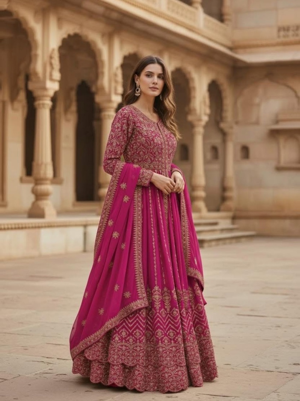 Women’s Fuchsia Embroidered centre cut Anarkali Dress